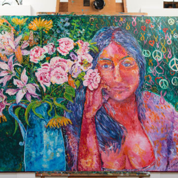 mujer con flores painting by miguel hoyos