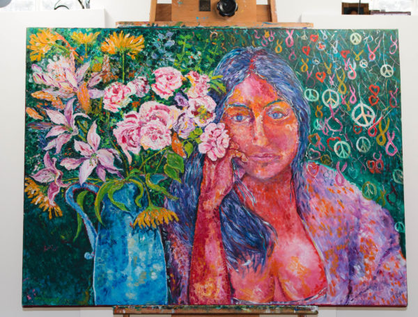 mujer con flores painting by miguel hoyos